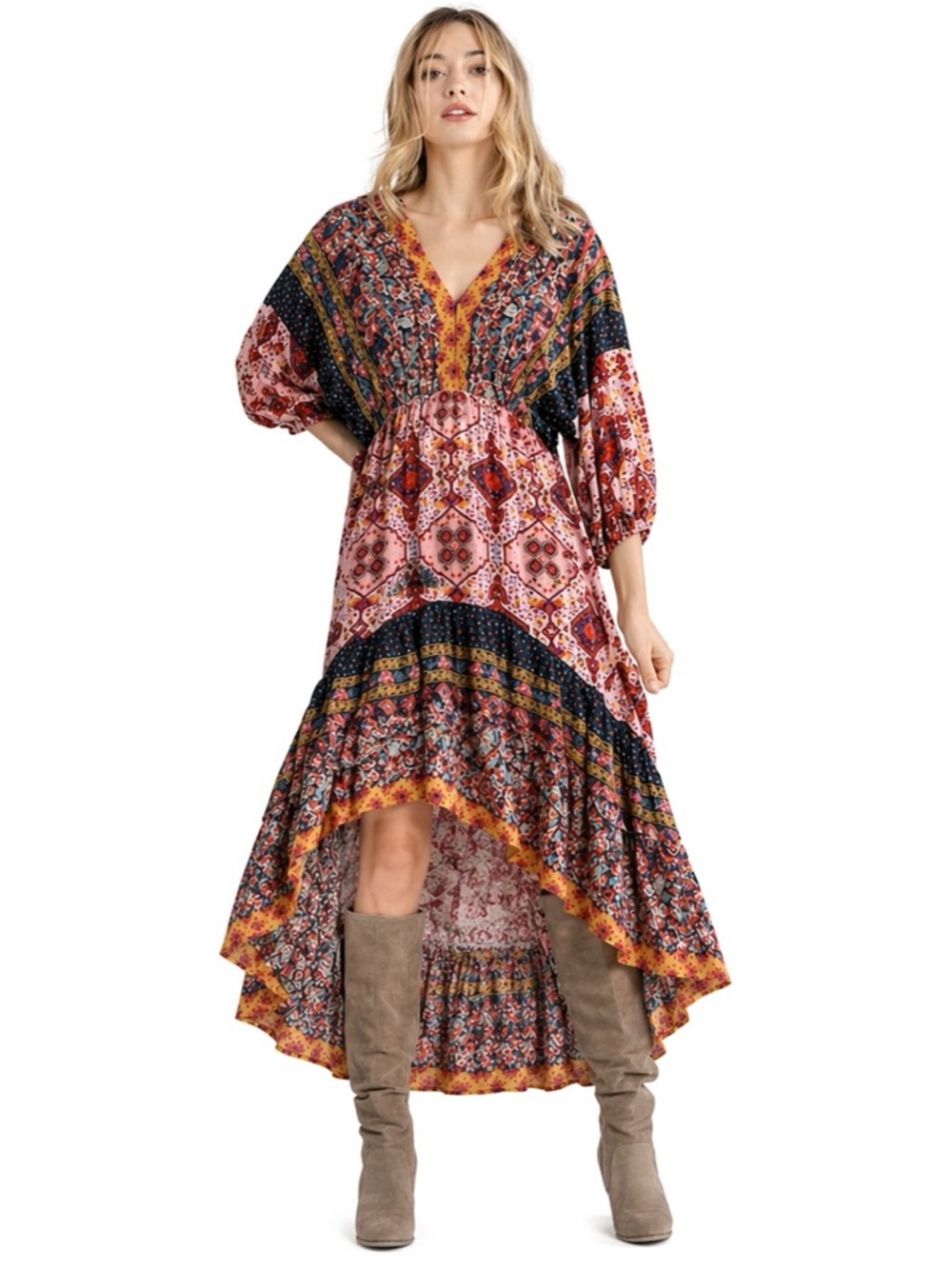Umgee Vibrant Patchwork Long Sleeve Dress